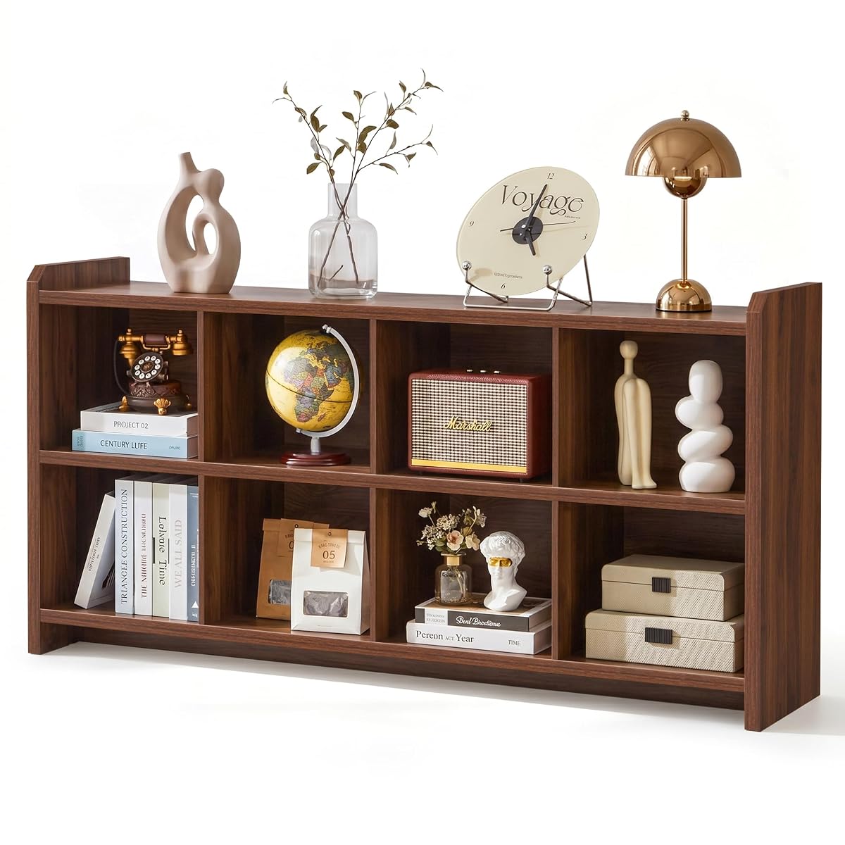 8 Cube Low Storage Organizer, 63" Long Horizontal Bookshelf, Walnut