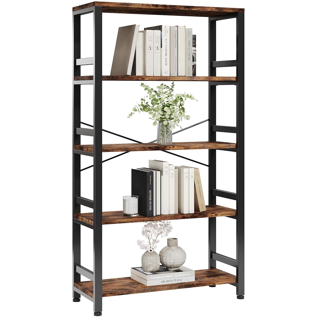 Bookshelves and Bookcases, 31.5in Wide Shelf 5-Tier Ladder Shelf 110lbs/shelf Vintage Industrial Style Bookcase for Bedroom Living Room Home, Vintage Brown