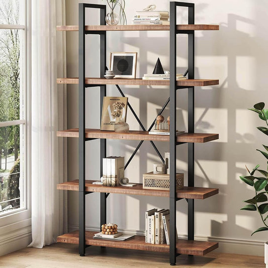 Industrial Solid Wood Bookshelf in Distressed Brown
