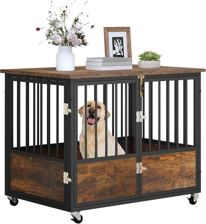 Dog Crate Furniture with Wheels & Double-Doors, Rustic Brown