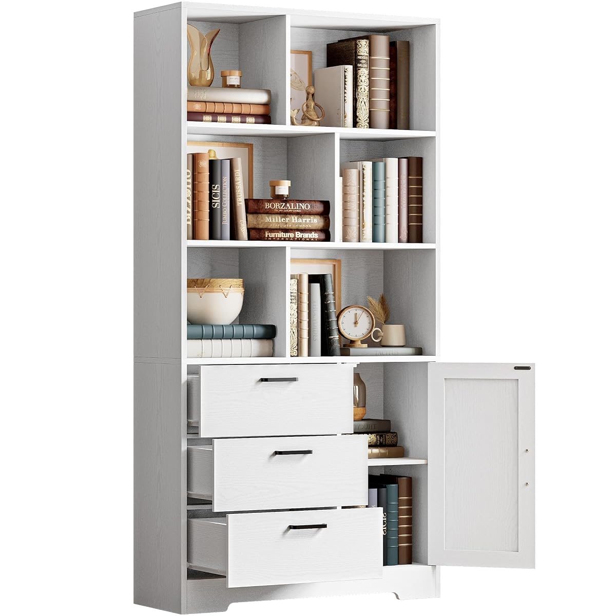 70.9-Inch Bookcase with Doors and 3 Drawers, White