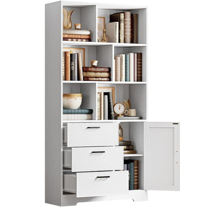 70.9-Inch Bookcase with Doors and 3 Drawers, White