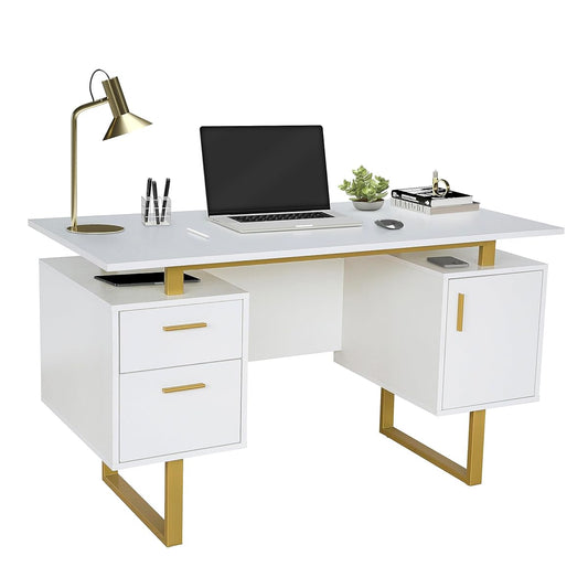 Storage Drawers and Cabinet 51.25” W-Modern Office Large Floating Desktop Surface Desk, 23.6" D x 51.2" W x 29.8" H, White/Gold