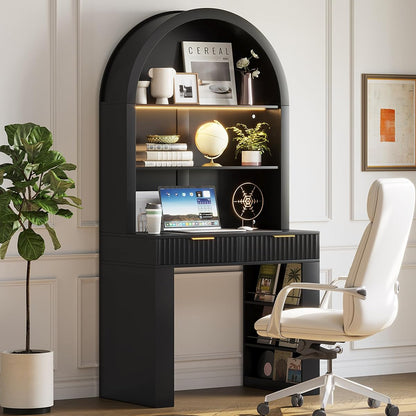 35.4" Arched Writing Desk with Hutch & Power Outlet for Home Office
