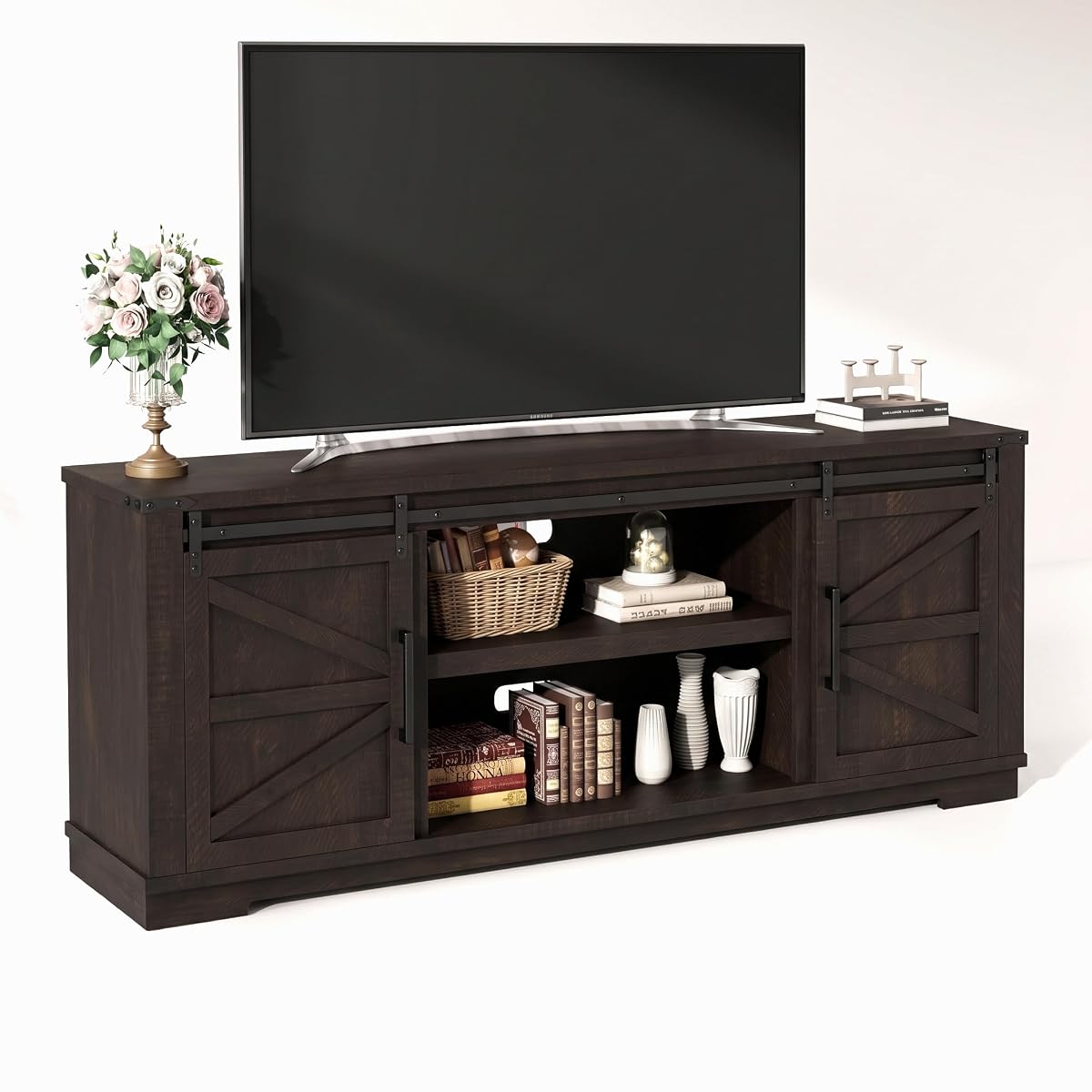 Farmhouse TV Stand, 66'' Wide Media Console with Barn Doors, Brown