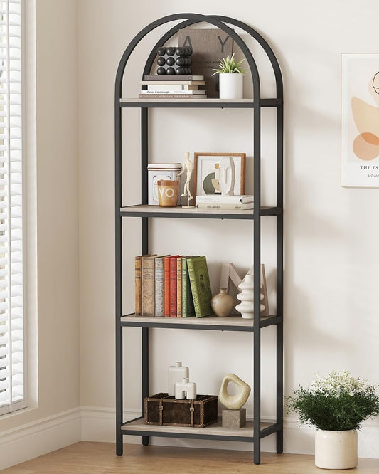 Bookshelf 4 Tier Arched Bookcase, 71.3" Tall Industrial Open Book Shelves for Living Room, Modern Freestanding Display Shelving Storage Rack Metal Frame, Office, Bedroom, Grey