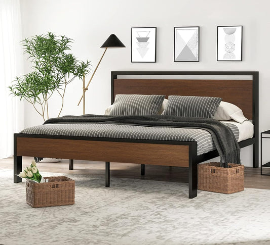 14 Inch King Size Metal Platform Bed Frame with Wooden Headboard and Footboard