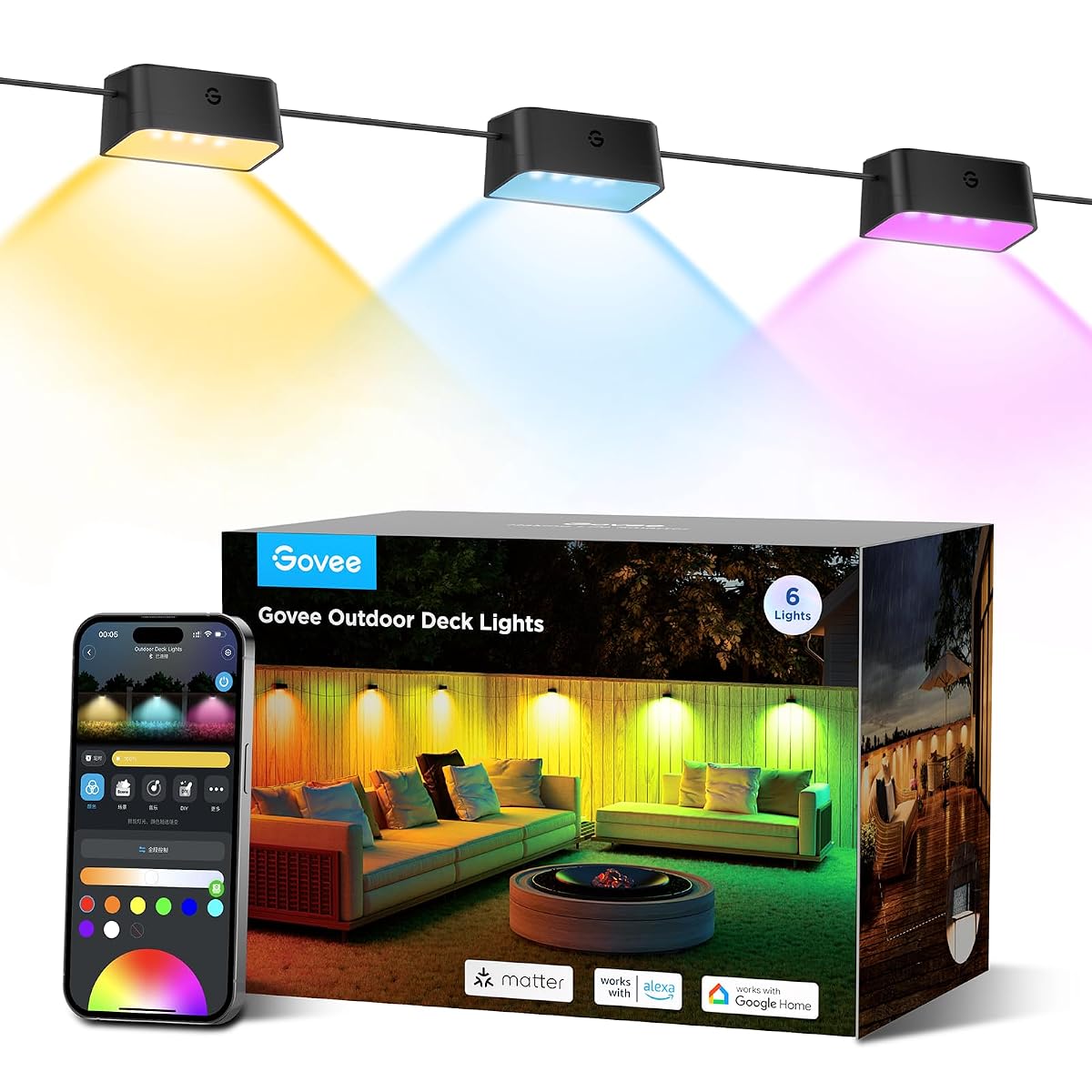 Govee Outdoor Deck Lights, RGBIC Outdoor Lights with 4000K White Light, IP65 Smart Fence Lights with App Control, Voice Control, LED Path Light for Outdoor Decor,Wired 6 Packs (32.8ft)