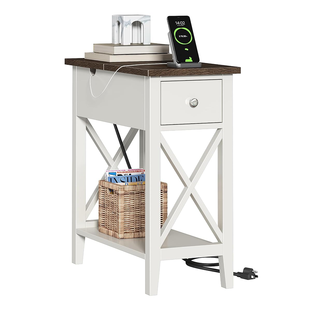 Farmhouse End Table with Charging Station, Accent Small Side Table Nightstand for Living Room, Bedroom, and Small Spaces, Soft White