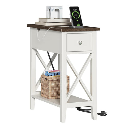 Farmhouse End Table with Charging Station, Accent Small Side Table Nightstand for Living Room, Bedroom, and Small Spaces, Soft White