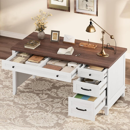 Farmhouse Home Office Desk with Power Outlets & USB Ports