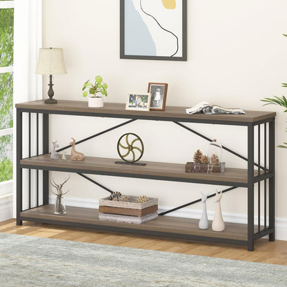 Industrial Console Table with Storage Shelf, Farmhouse Rustic Oak, 63 Inch