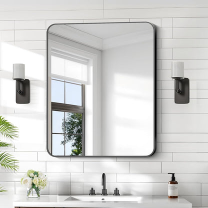 30x36 Inch Rectangle Bathroom Mirror with Black Metal Frame,Modern Design of Wall Mounted Upgraded Shatterproof Glass, Rounded Corners for Bedroom, Living Room, Entryway