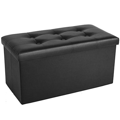 Ottoman Bench with Storage - 30x15x15in Folding Leather Ottoman, Rectangle Foot Stool Foldable Storage Chest Footrest Footstool Collapsible with Lid for Bedroom Living Room Pure Black