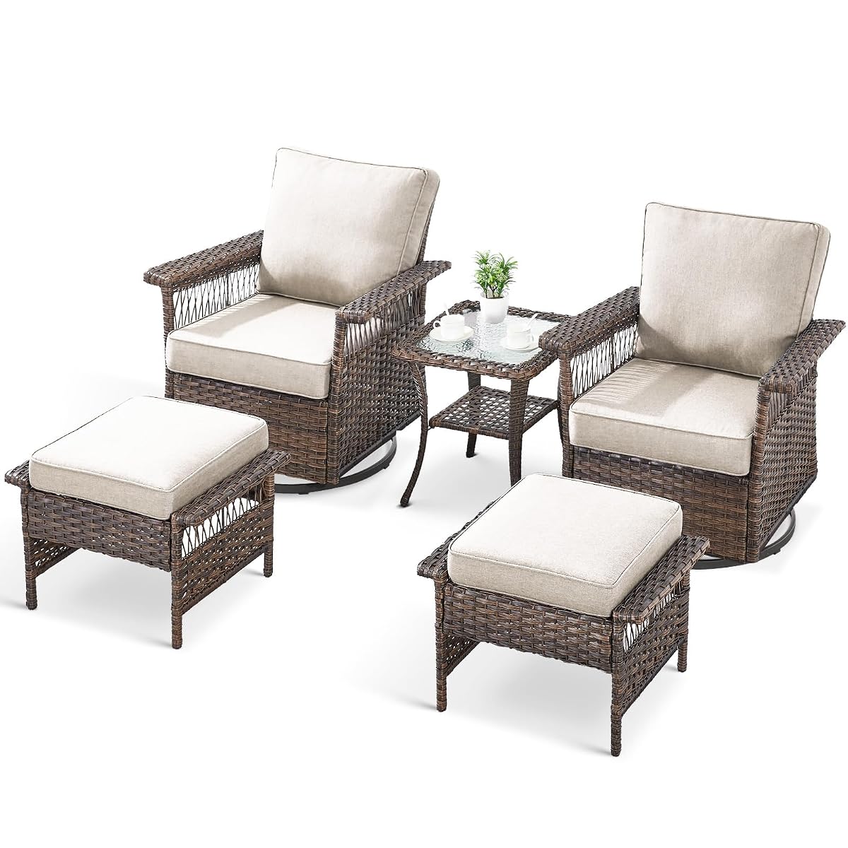 5 Pieces Wicker Patio Furniture Set - Hollow Widen Armrest Outdoor Swivel Glider Chairs with Side Table & Ottomans, Small Patio Conversation Set for Balcony Porch Deck and Yard - Brown/Beige