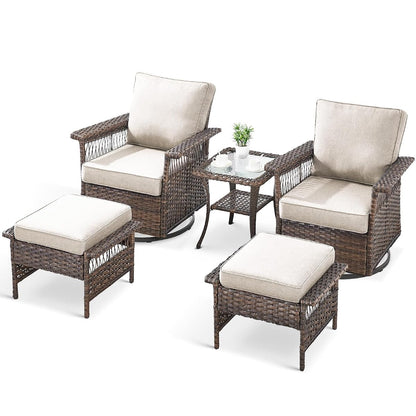 5 Pieces Wicker Patio Furniture Set - Hollow Widen Armrest Outdoor Swivel Glider Chairs with Side Table & Ottomans, Small Patio Conversation Set for Balcony Porch Deck and Yard - Brown/Beige