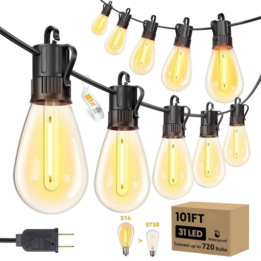 101FT Outdoor String LED Patio Lights Waterproof, Shatterproof S14 Vintage Edison Bulbs, Commercial Grade Outside Hanging Lights for Porch Deck Garden Backyard Balcony Cafe Bistro
