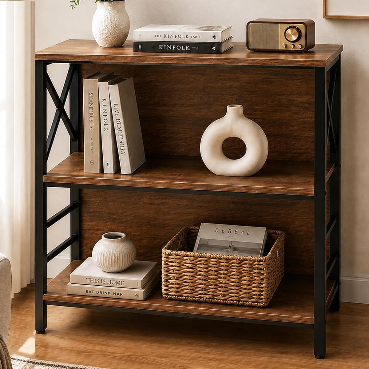 Book Shelf, Small 3-Tier Industrial Bookshelf with Strong Metal Frame & Backboard, 29.5" Short Bookcase for Small Spaces, Living Room, Bedroom and Home Office, Brown