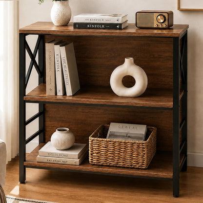 Book Shelf, Small 3-Tier Industrial Bookshelf with Strong Metal Frame & Backboard, 29.5" Short Bookcase for Small Spaces, Living Room, Bedroom and Home Office, Brown