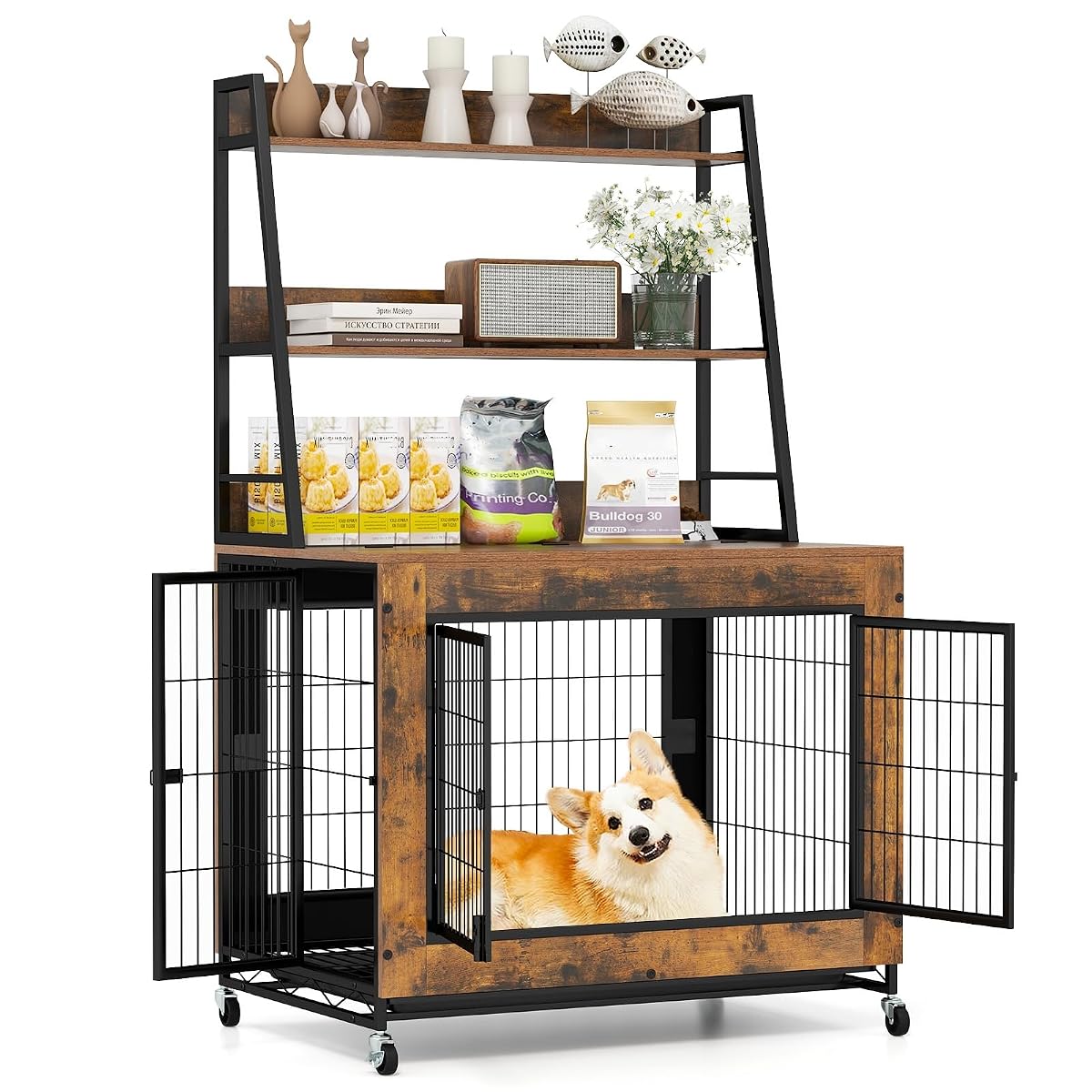 38" Dog Crate Furniture with Storage Shelves