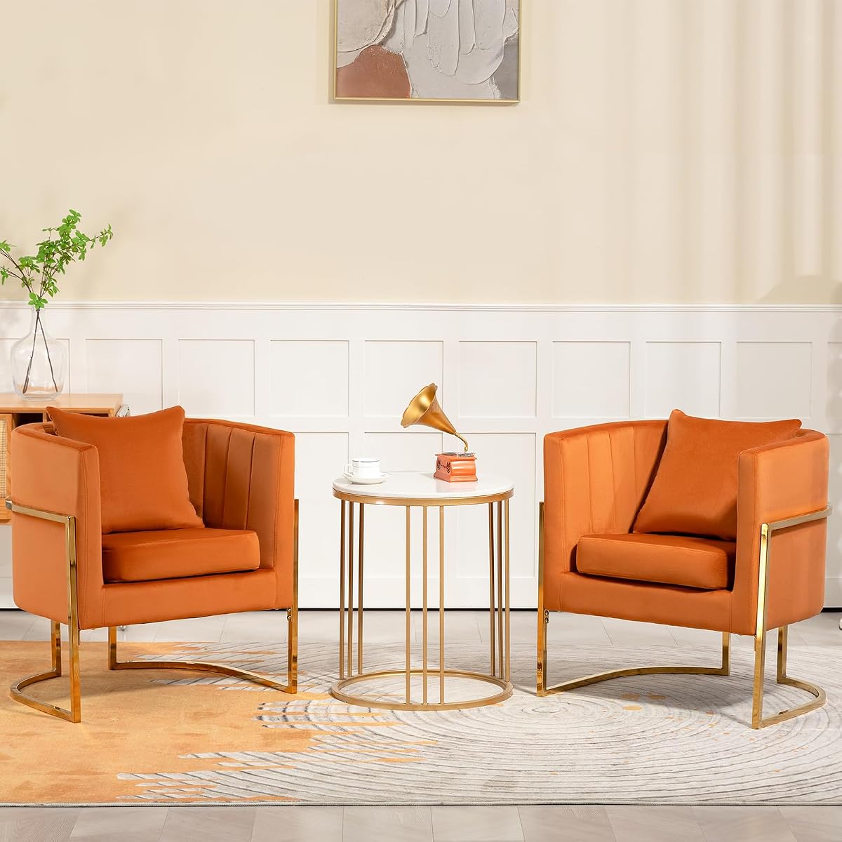 Velvet Modern Accent Chairs Set of 2, Upholstered Barrel Armchair Mid Century with Pillow for Living Room, Comfy Single Vanity Chair with Metal Gold Legs for Bedroom, Orange
