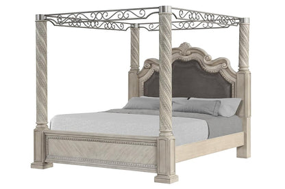 Vintage Four Poster Bed with Spiral-Carved Posts and Metal Scrollwork in Weathered Gray