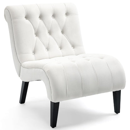 Cream White Frosted Velvet Tufted Accent Chair with Wood Legs | Wide Thick Cushion; Non-Slip Rubber Wood Legs; Ergonomic Back; Easy Assembly; For Living Room Bedroom