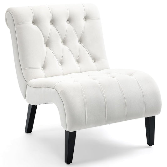 Cream White Frosted Velvet Tufted Accent Chair with Wood Legs | Wide Thick Cushion; Non-Slip Rubber Wood Legs; Ergonomic Back; Easy Assembly; For Living Room Bedroom