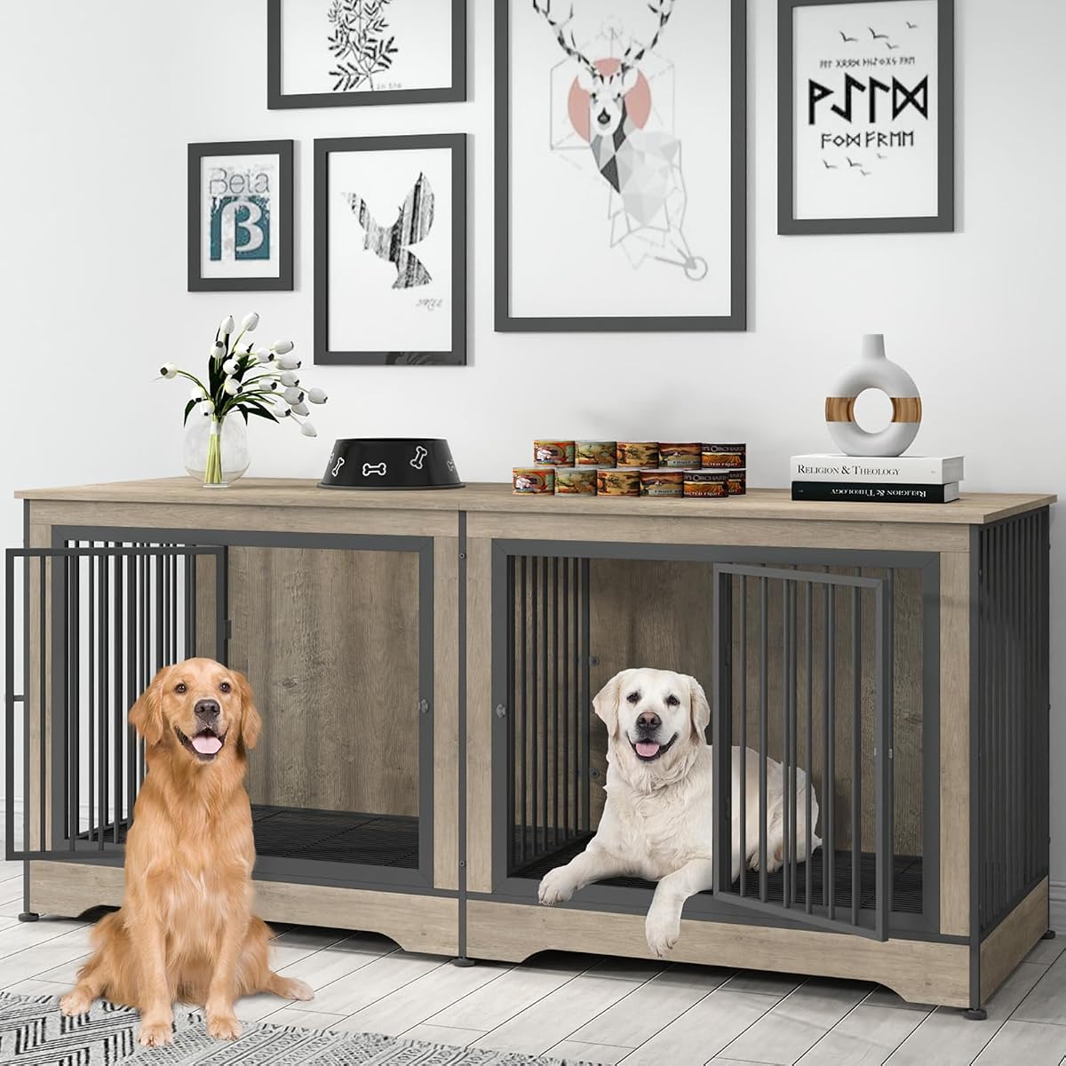 75 Inch Double Dog Crate Furniture for 2 Large Dogs with 2 Trays and Divider