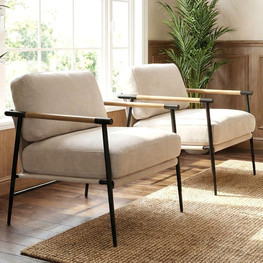 Mid-Century Modern Accent Chairs Set of 2 - Soft Linen Upholstered Lounge Reading Chair for Bedroom - Comfy Lightweight Livinig Room Chairs - Beige