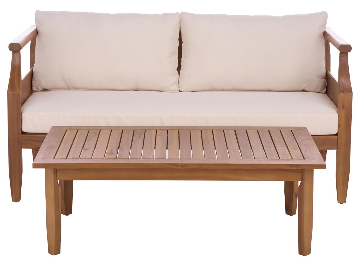 SAFAVIEH Outdoor Patio Furniture Collection - Alta Teak & Cream Solid Wood Bench with Cushions and Slatted Coffee Table, 2-Piece Set (PAT6812A)