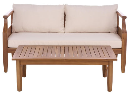 SAFAVIEH Outdoor Patio Furniture Collection - Alta Teak & Cream Solid Wood Bench with Cushions and Slatted Coffee Table, 2-Piece Set (PAT6812A)