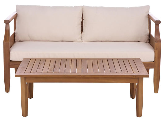 SAFAVIEH Outdoor Patio Furniture Collection - Alta Teak & Cream Solid Wood Bench with Cushions and Slatted Coffee Table, 2-Piece Set (PAT6812A)