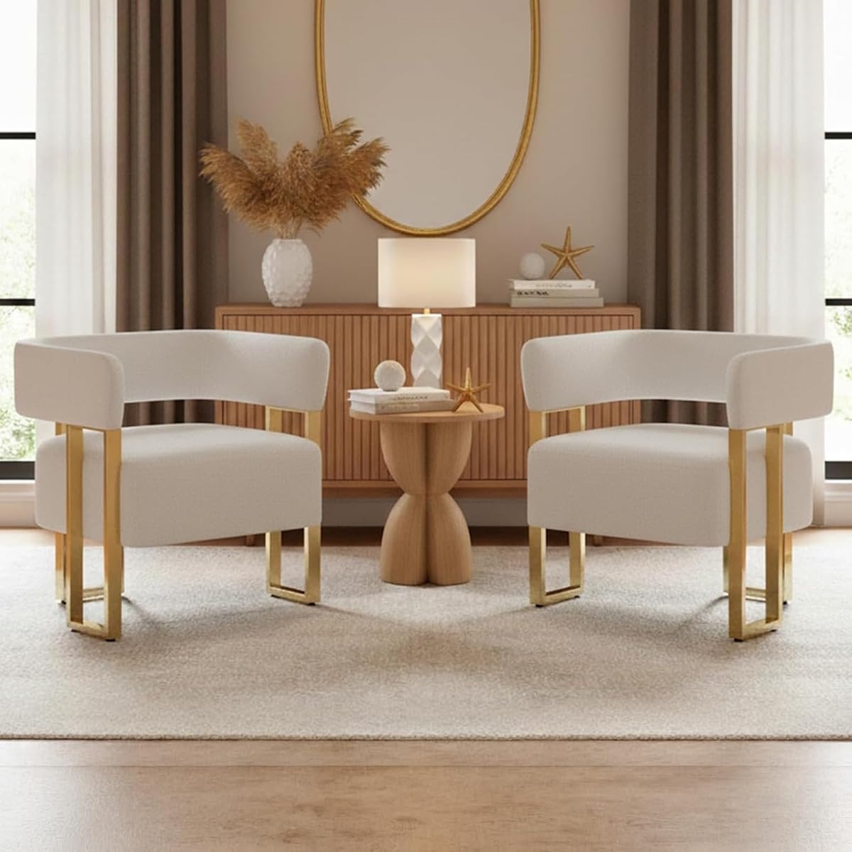 Mid Century Modern Living Room White Boucle Accent Chair Set of 2, Gold Leg | Upholstered Teddy Fleece Cloud Barrel Armchairs Sets w/ Curved Back For Bedroom Lounge Office Dorm Preppy Decor
