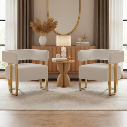 Mid Century Modern Living Room White Boucle Accent Chair Set of 2, Gold Leg | Upholstered Teddy Fleece Cloud Barrel Armchairs Sets w/ Curved Back For Bedroom Lounge Office Dorm Preppy Decor