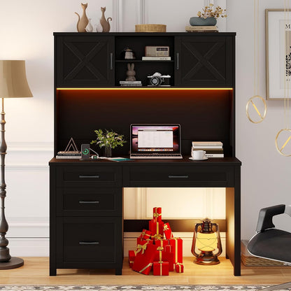 Farmhouse 67" H Executive Desk with Hutch & Drawers, Black