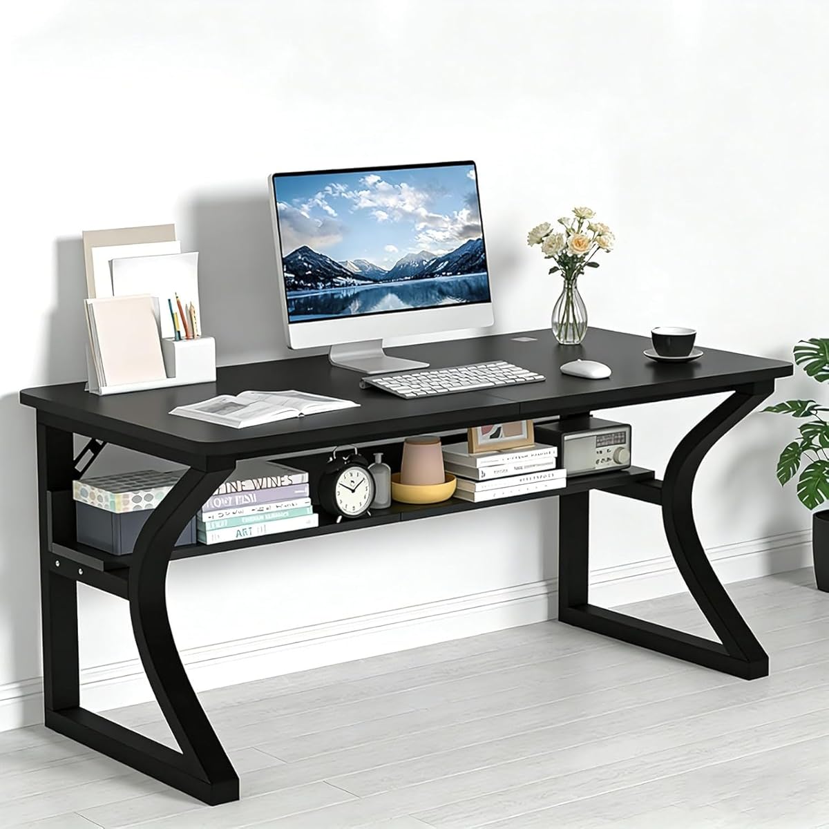 Computer Desk, 55Inch Computer Desk w/Storage Shelves, Home Office Desks w/U Shaped Metal Frame, Study Writing Desk w/Cable Management, Deeper & Thicker Desktop Table for Home Office (55inch/Black)