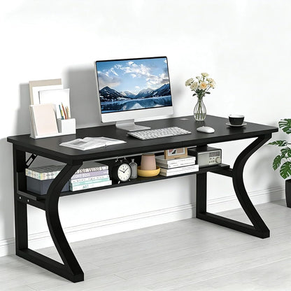 Computer Desk, 55Inch Computer Desk w/Storage Shelves, Home Office Desks w/U Shaped Metal Frame, Study Writing Desk w/Cable Management, Deeper & Thicker Desktop Table for Home Office (55inch/Black)