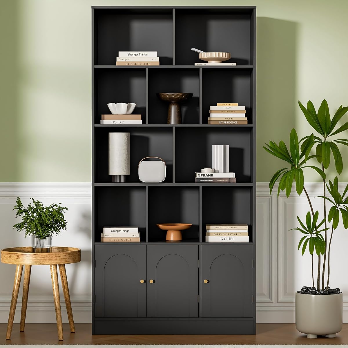 Modern Black 4-tier bookshelf with open shelves and doors