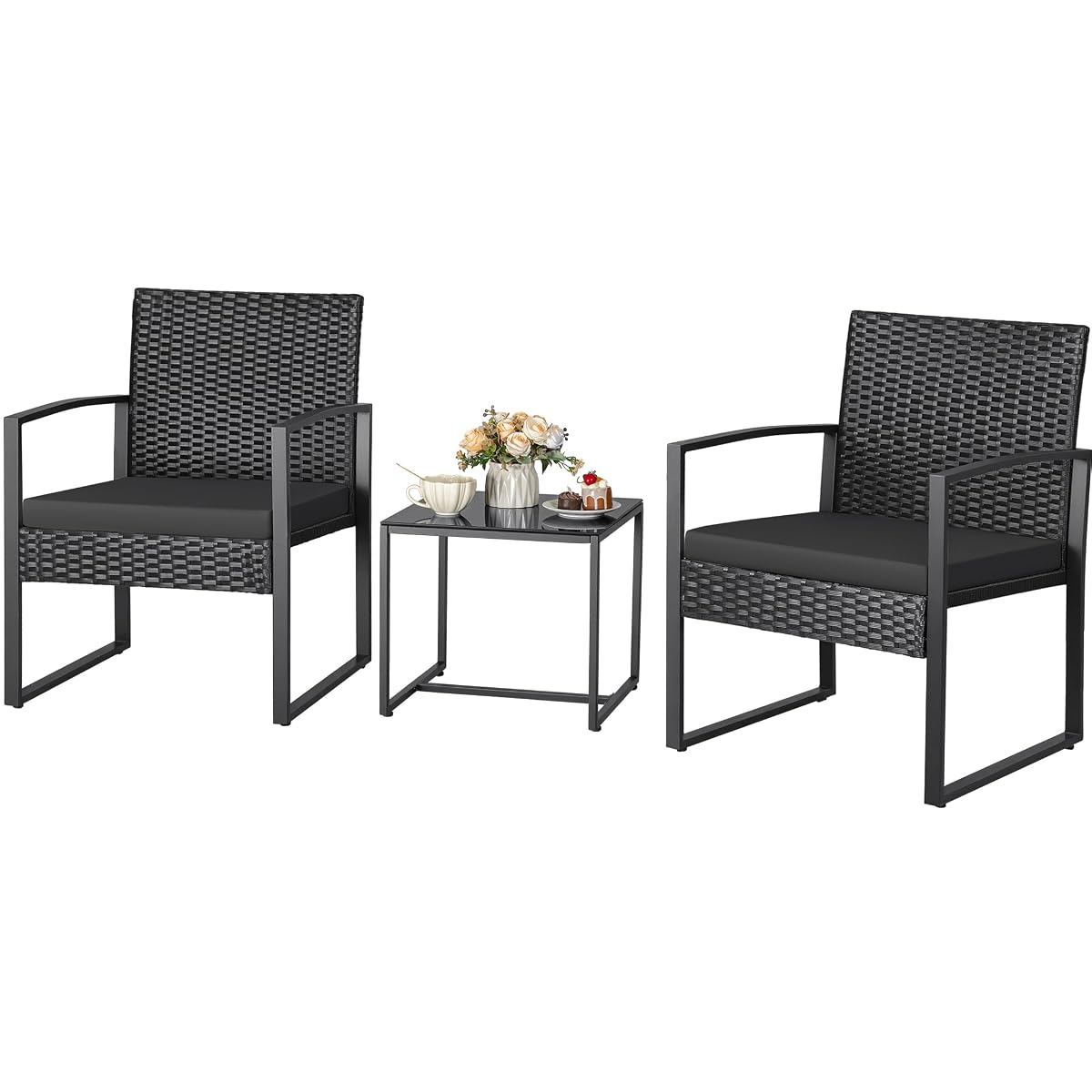 3 Piece Wicker Conversation Bistro Sets Outdoor Patio Set Modern Rattan Chair Furniture Sets with Coffee Table for Yard Garden Porch Lawn (Black)
