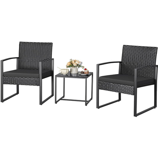 3 Piece Wicker Conversation Bistro Sets Outdoor Patio Set Modern Rattan Chair Furniture Sets with Coffee Table for Yard Garden Porch Lawn (Black)