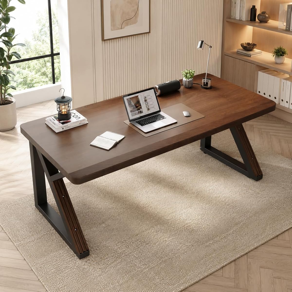 Mid-Century Modern Wood Office Desk with Thick Desktop