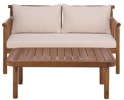 SAFAVIEH Outdoor Patio Furniture Collection - Cardori Teak & Cream Solid Wood Bench with Cushions and Coffee Table Set, 2-Piece Patio Seating Ensemble (PAT6808A)