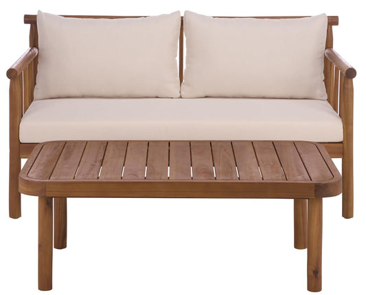 SAFAVIEH Outdoor Patio Furniture Collection - Cardori Teak & Cream Solid Wood Bench with Cushions and Coffee Table Set, 2-Piece Patio Seating Ensemble (PAT6808A)