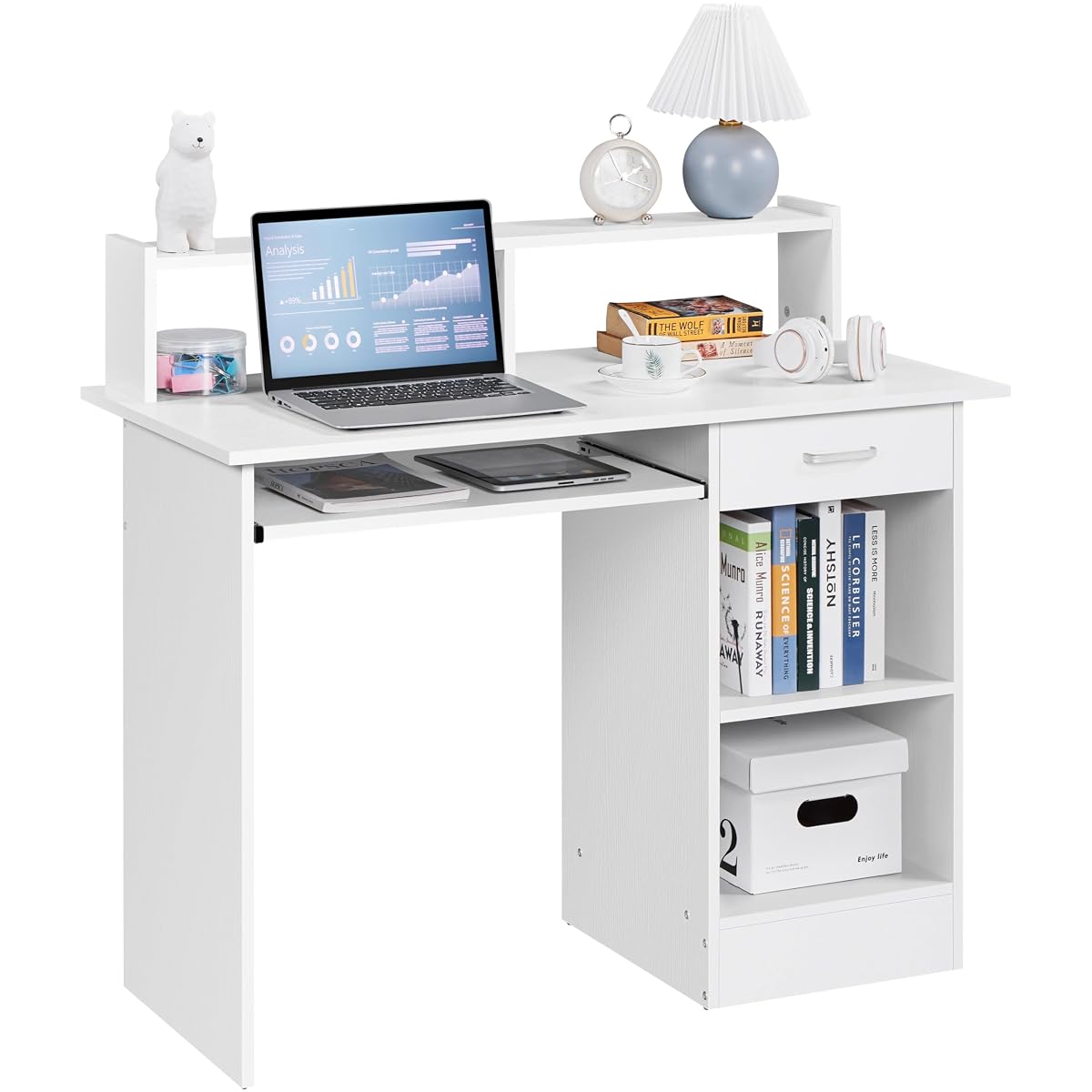 Computer Desk with Keyboard Tray, Drawers, and Shelves, White