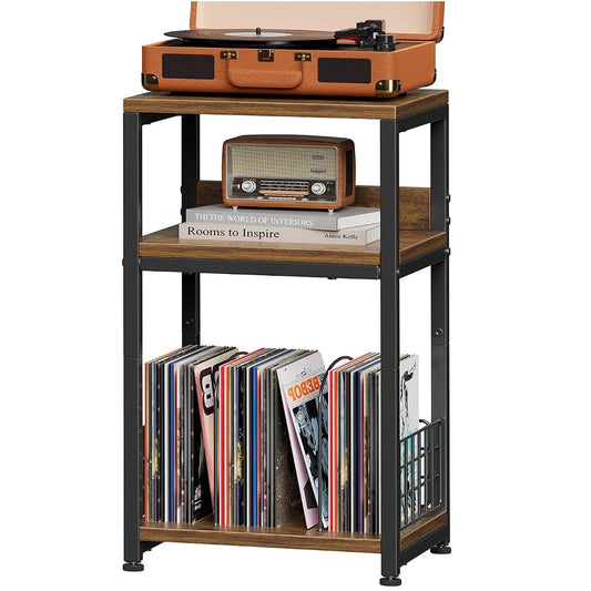 Rustic brown 3 tier record player stand with vinyl storage