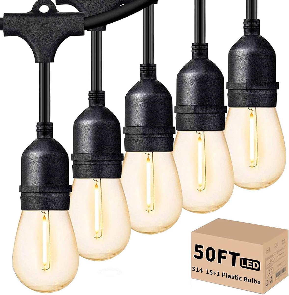 Outdoor Led String Lights 50FT, Patio Lights with 16pcs S14 Shatterproof Bulbs