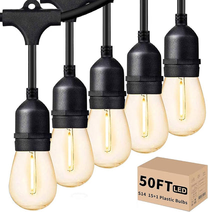 Outdoor Led String Lights 50FT, Patio Lights with 16pcs S14 Shatterproof Bulbs