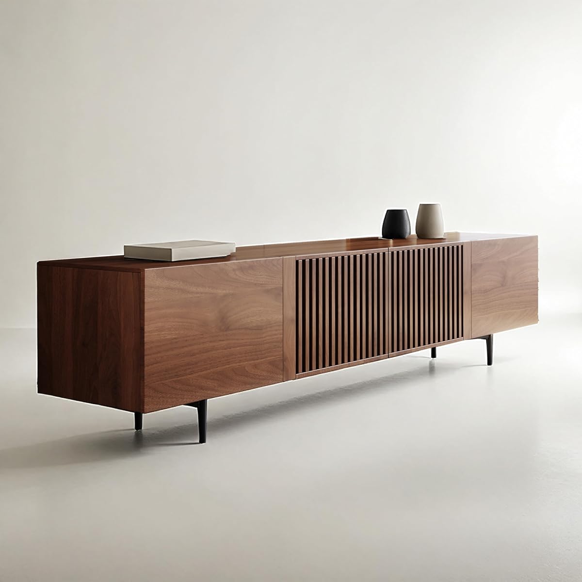 94.5"Walnut TV Stand 4 Cabinets Grille Doors For 100"TV Indoor