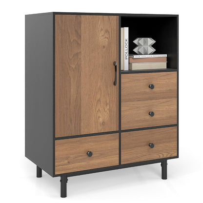Storage Cabinet with 4 Drawers, Door and Open Compartment, 18" x 31.5" x 38.5" Inches, Metal Support Legs, Freestanding Side Cabinet, Buffet Sideboard for Living Room, Dining Room, Entryway